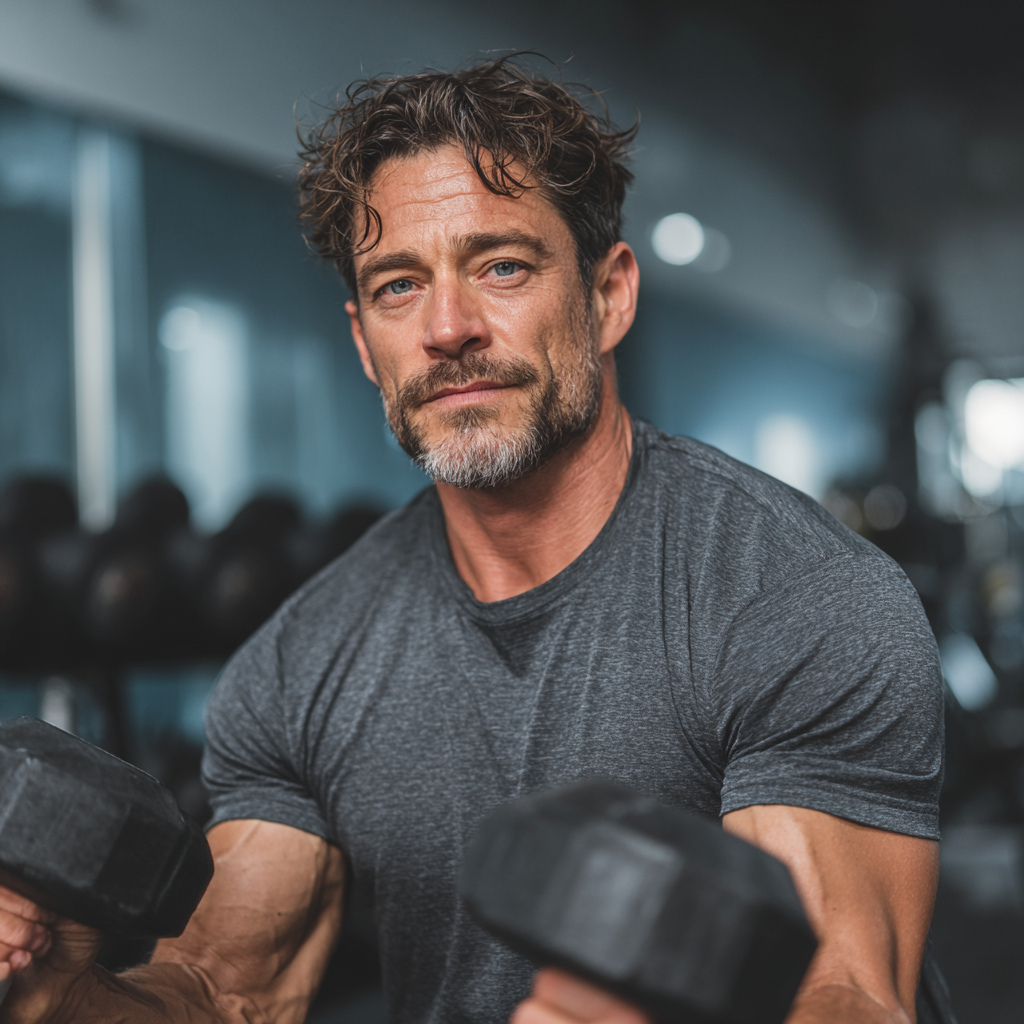 confident man doing strength training in modern gym with focused expression