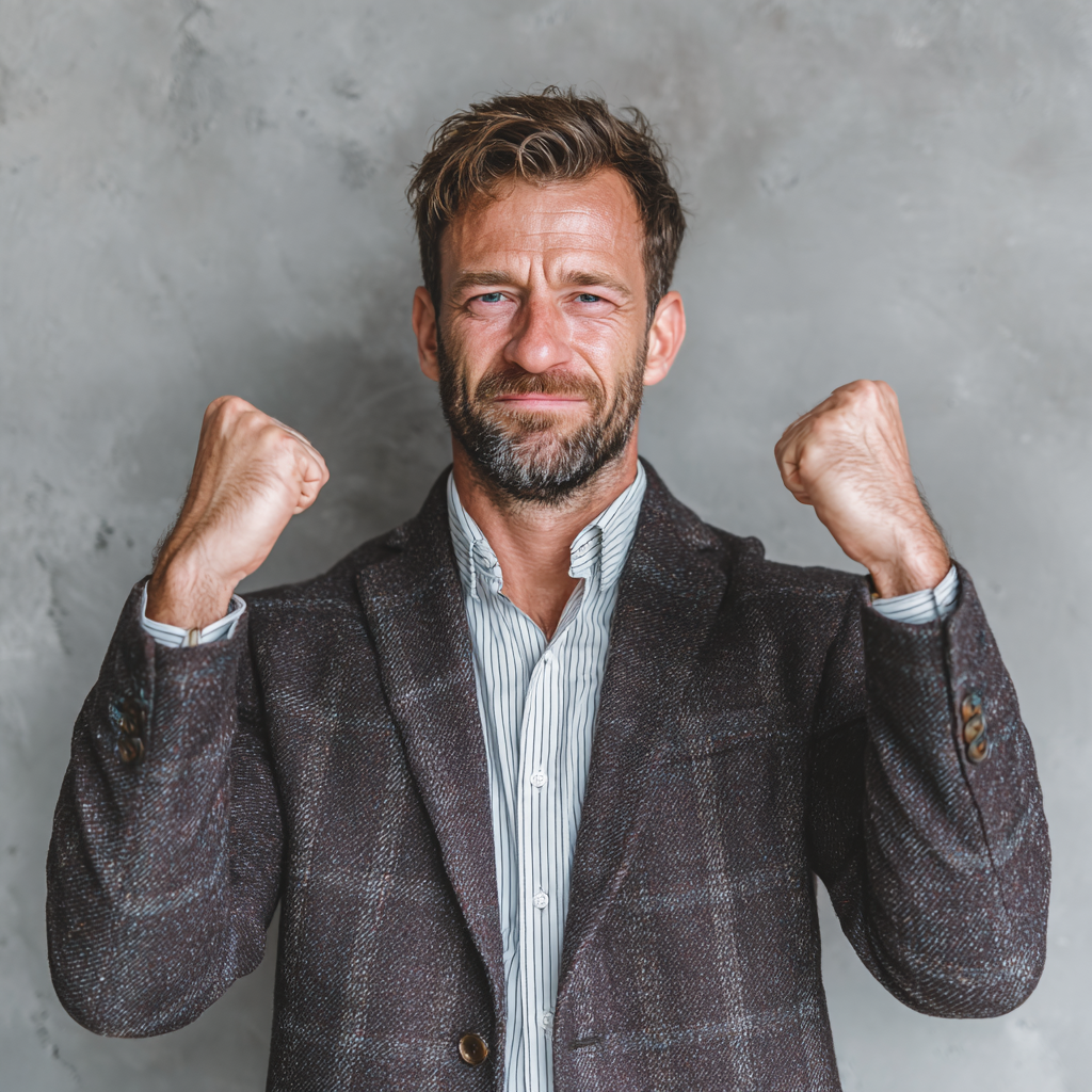 successful man showing confidence and strength after completing fitness transformation program